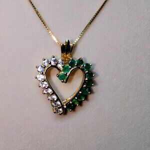 10k Yellow Gold Heart Emerald & Diamond Pendant on a 14k gold 18" box chain